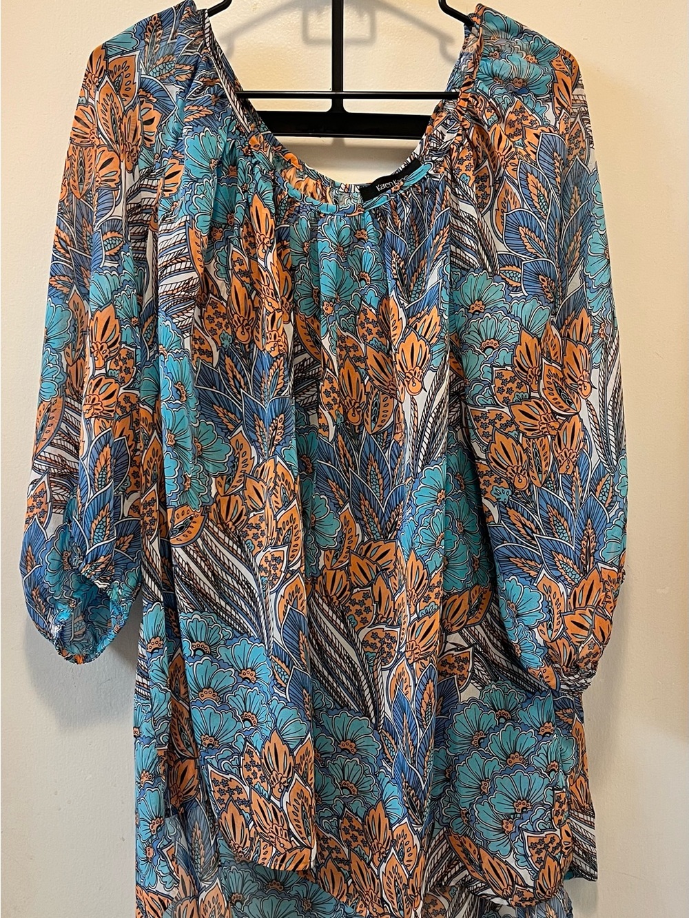Karen Kane Floral Peasant Blouse in Teal and Orange